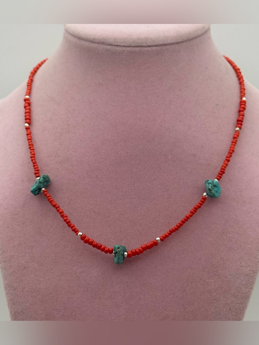 Red Beaded Necklace with Turquoise Accent